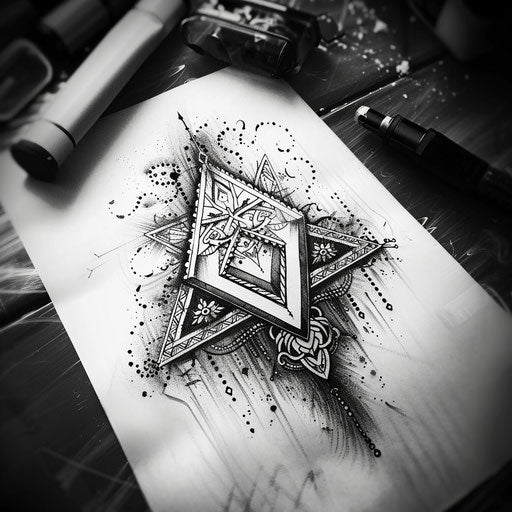 Bohemian mandala tattoo sketch of a Valknut with intricate lace patterns
