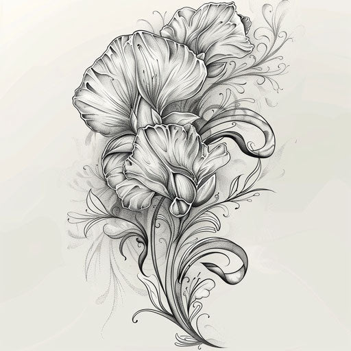 Sophisticated sketch of a sweet pea in clipart style with lace and elegant gray tones