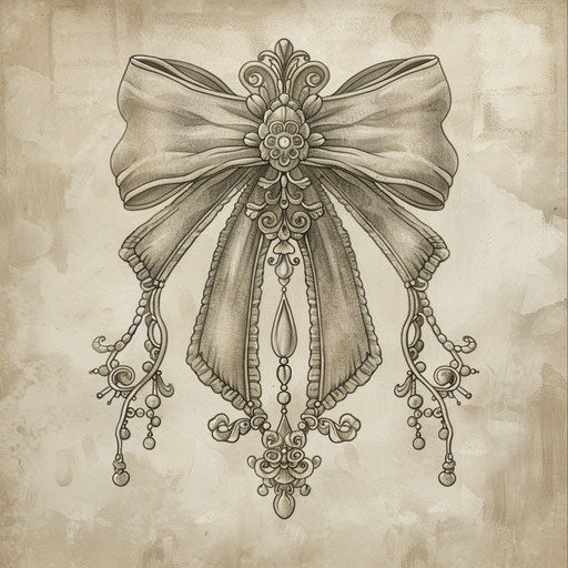 Vintage-inspired clipart tattoo sketch of a lace bow with soft grey tones