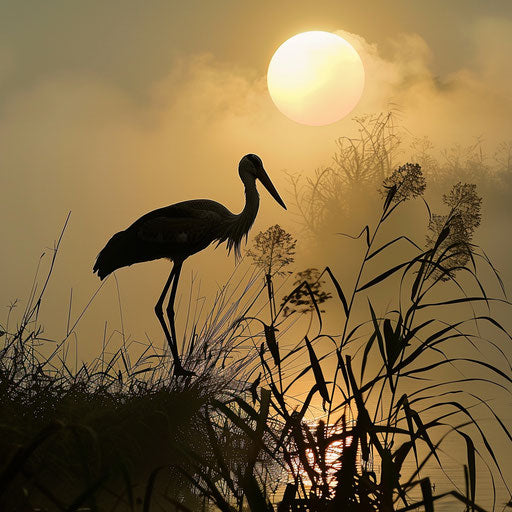 Peaceful morning on foggy riverbank, wood stork against sun