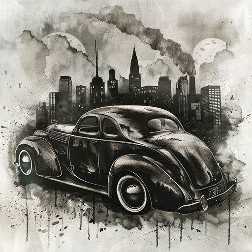 Traditional gangster tattoo of a vintage car and city skyline in the background