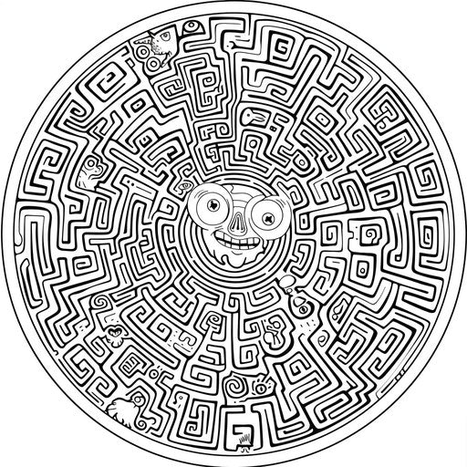 Whimsical circular maze with cartoon character in the center. Coloring book page