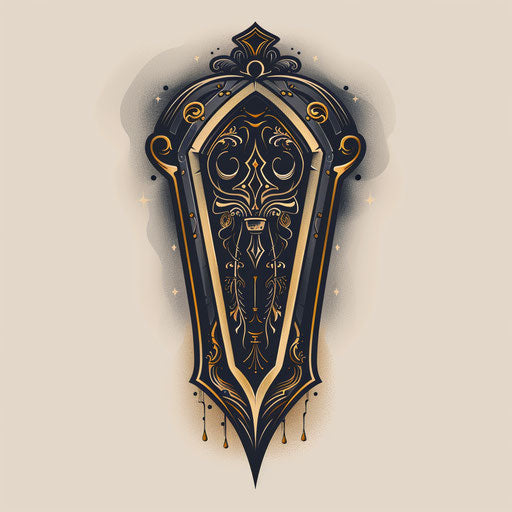 Sophisticated tattoo sketch of a coffin with elegant golden trim