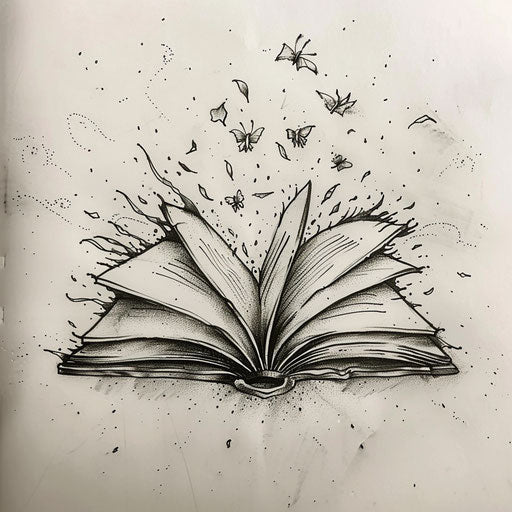 Rustic flat tattoo sketch of an open book with flying letters, suggesting freedom of expression