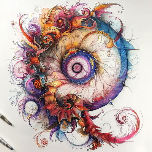Fantasy tattoo sketch of a Fibonacci spiral with whimsical elements and vibrant colors