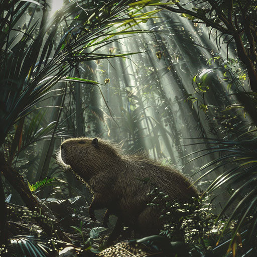 A capybara exploring a dense jungle with shafts of light filtering through the canopy in the style of Tim Flach
