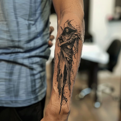 Forearm tattoo with dark sorcerer, Gerald Brom style