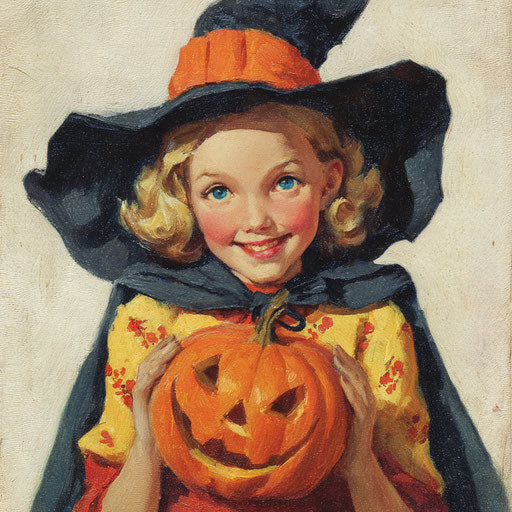 Vintage Illustration of a Girl with a Pumpkin