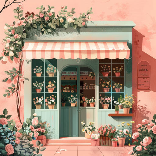 Realistic shop illustration on dusky rose background