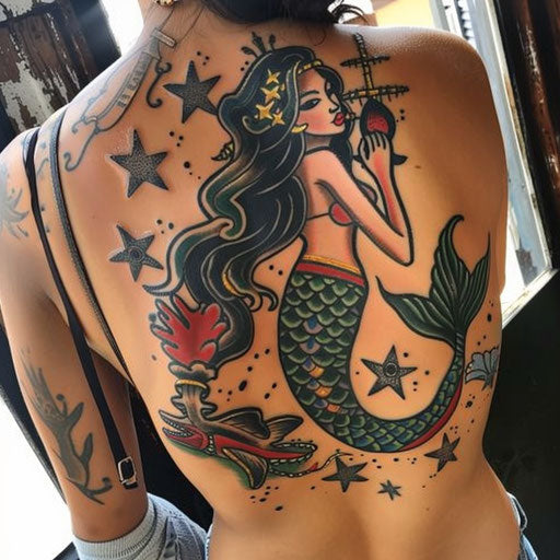 Traditional women's tattoos with mermaids and nautical stars