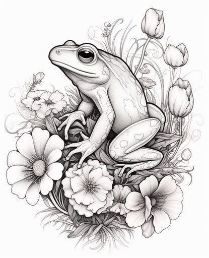 A frog on a flowery background by the black cactus, in the style of meticulous inking, fluid and organic, realistic yet stylized 25:31