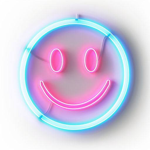 Neon smiley face with blue and pink lights on white background