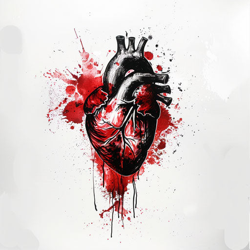 Anatomical heart tattoo with brush stroke art style on white background