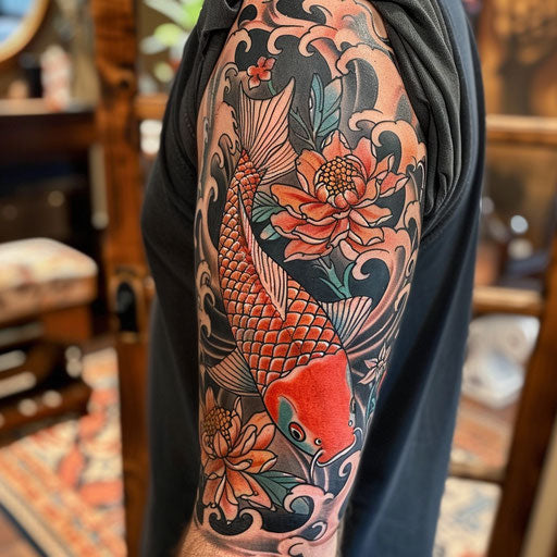 Japanese koi fish arm tattoo in the style of Ami James