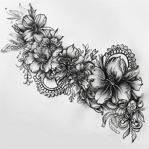 Botanical lace tattoo sketch with intertwined floral elements