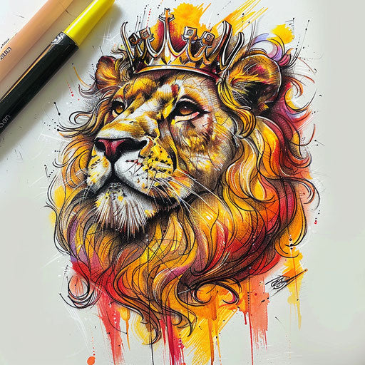 Flat sketch of Regal Leo lion tattoo, adorned with crown and lush mane, in vibrant yellows and reds
