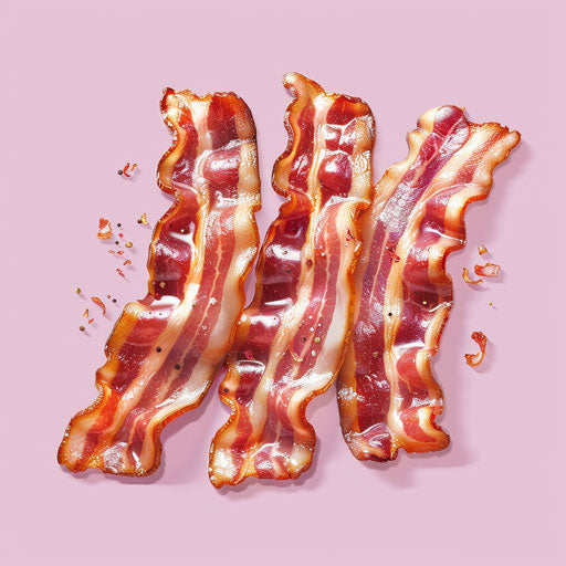 Flat background in soft lavender, bacon clipart with a realistic touch, accentuated by shimmering gloss and precise details