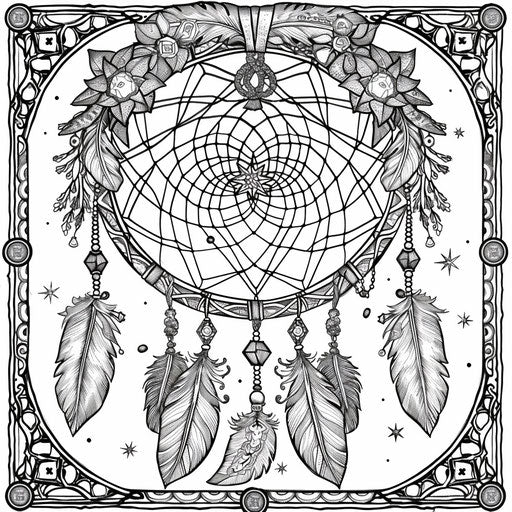 Dream catcher with crystals and magical symbols. Coloring page
