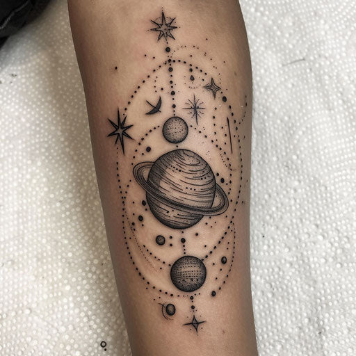 Black tattoo with space and galaxies theme, stars and planets on white