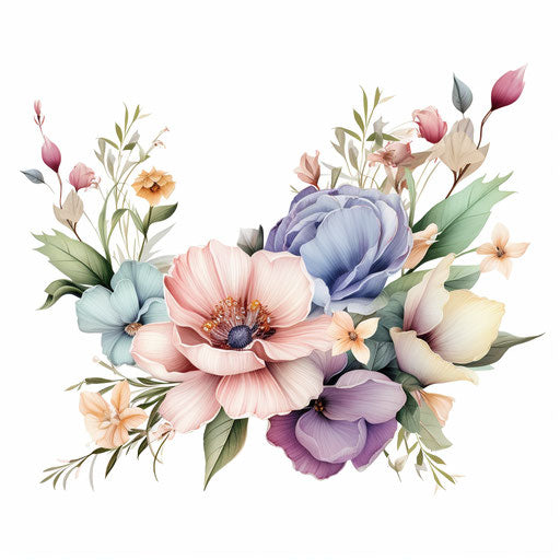 Flower border, Pastel Colors Art style, on white background