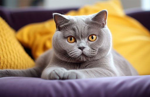 British shorthair cat lying on a bed in the living room
