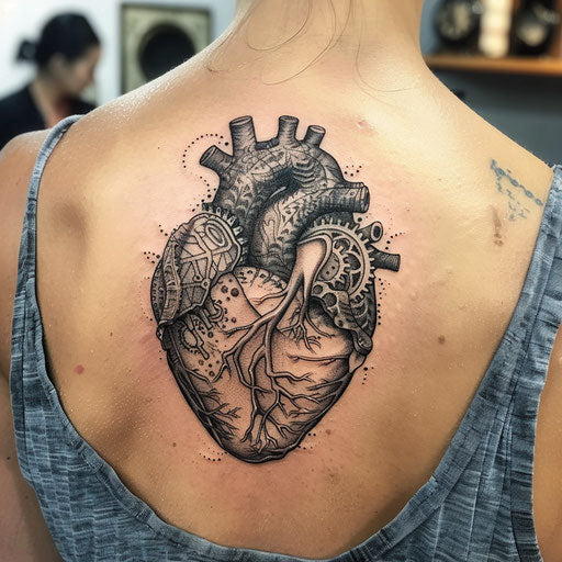 Anatomical heart tattoo with clockwork elements