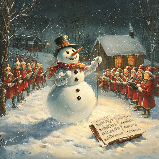 Snowman leading a choir of carolers