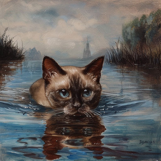 Burmese cat swimming in a lake by the shore