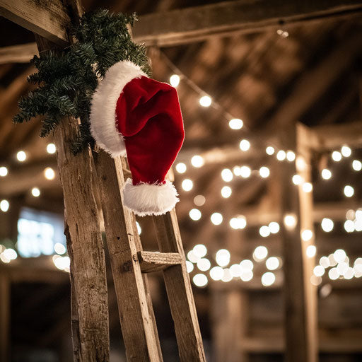 Santa hat hanging on wooden ladder in barn with white lights