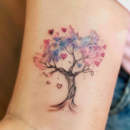Romantic tree of life tattoo with heart-shaped leaves
