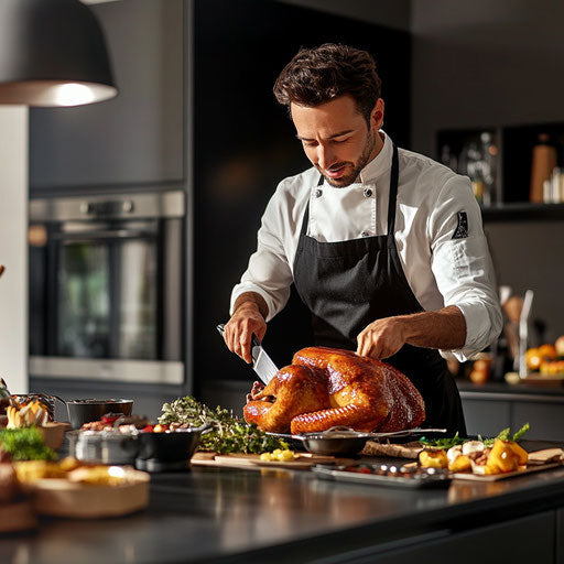 A chef carving a turkey in a modern kitchen