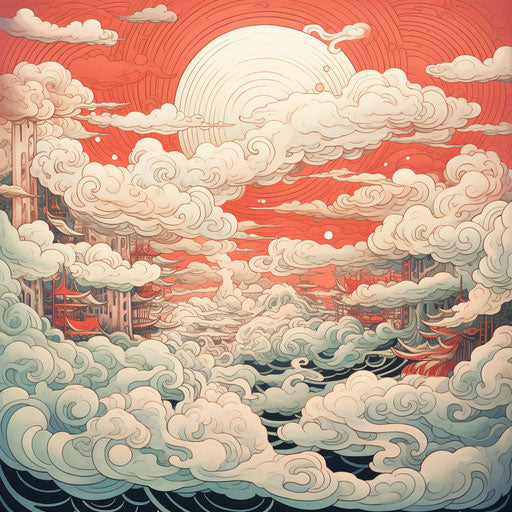Oriental clouds: delicate markings, light gray and red