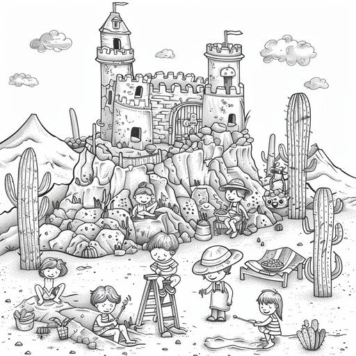 Children building sandcastles in the desert