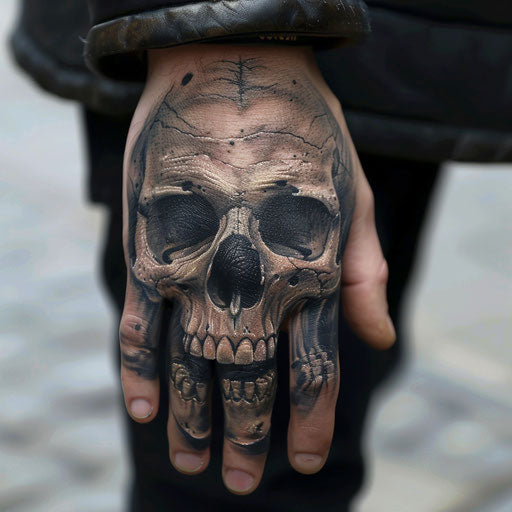 Skull hand tattoo in the style of Glenn Fabry with hyper-realistic portraits