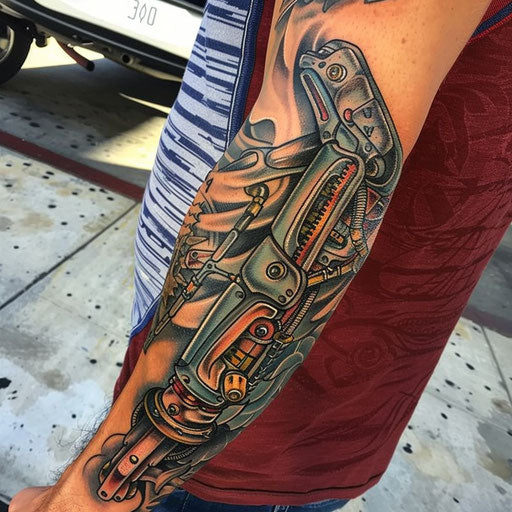 Biomechanical tattoo with classic Americana, Ed Hardy style