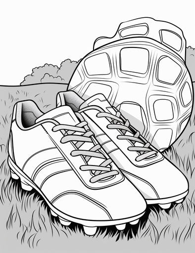Soccer ball and shoes coloring page, pictorial style