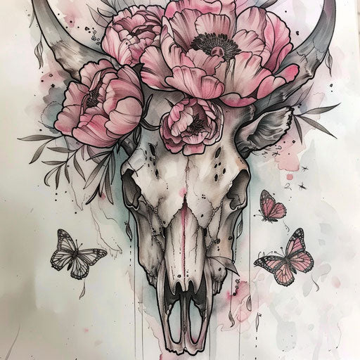 Elegant sketch of a cow skull adorned with peonies and butterflies in soft watercolor tones