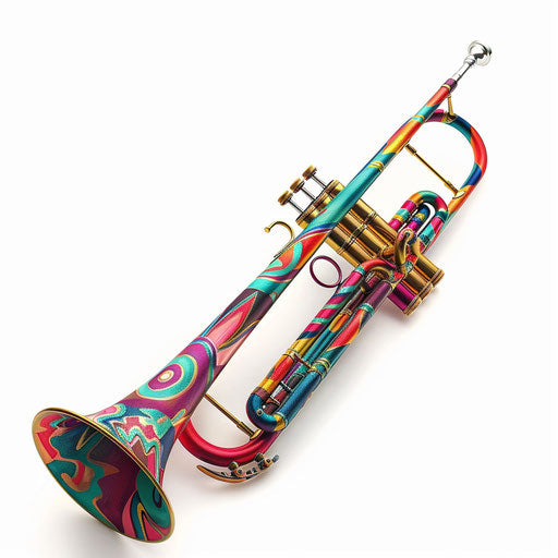 Realistic trombone clipart on white flat background, vibrant colors and intricate patterns