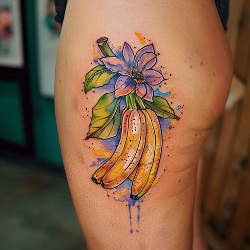 Elegant flat tattoo sketch with watercolor effects of a banana bunch hanging from a tree