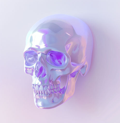 A skull emoji on white background, iridescent style, light purple, subtle lighting contrast