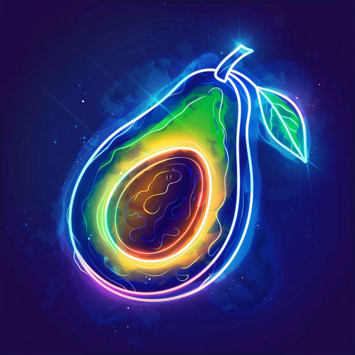 Contemporary flat tattoo sketch of an avocado with a neon outline and shadow effects