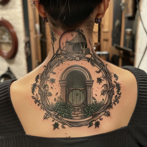 Neck tattoos for women in the style of Peter Jackson with a hobbit door