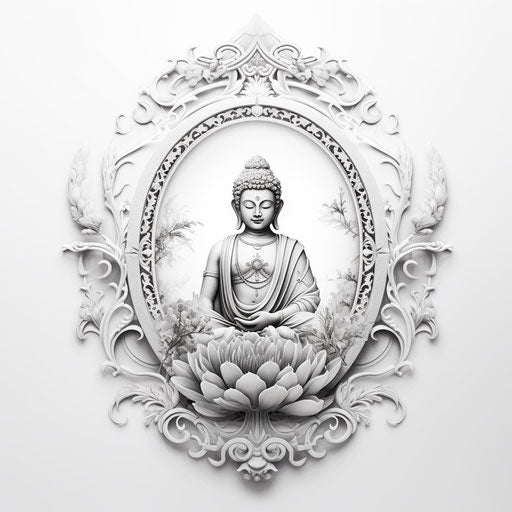 Buddha drawing in oval frame, monochromatic graphic style