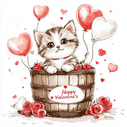 Adorable kitten in a barrel surrounded by hearts