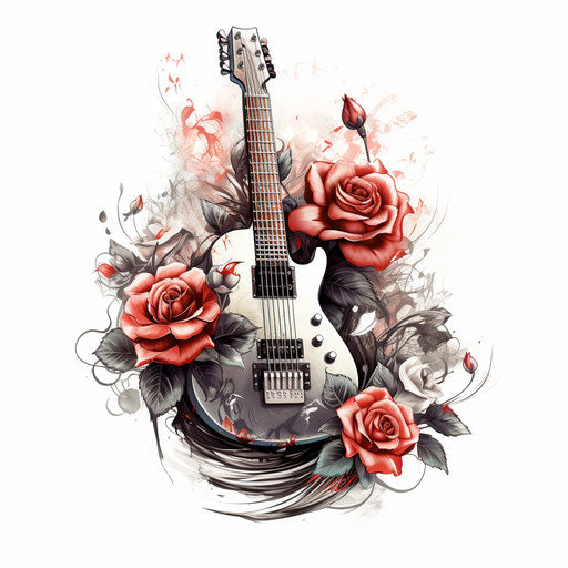 Guitar with roses on a light silver tattoo