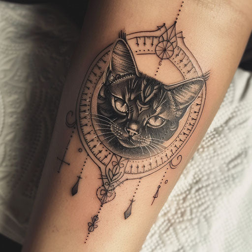 Mandala with black cat tattoo on white background