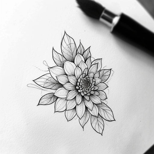 Minimalist dahlia tattoo sketch in black outline