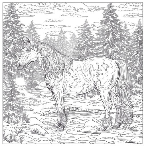 Horse in a snowy landscape with fir trees around. Coloring book page