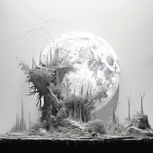 Black and white drawing of the moon, Arsham style, detailed botanical illustrations