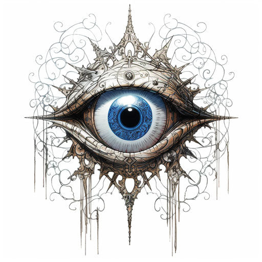 Symbol of lone eye on white background, Hirohiko Araki style, solarpunk, Yoshitaka Amano, mystic mechanisms